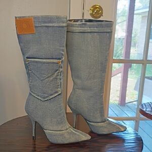Cape Robbin Light Blue Denim Knee-High Stiletto Boots W/Pockets